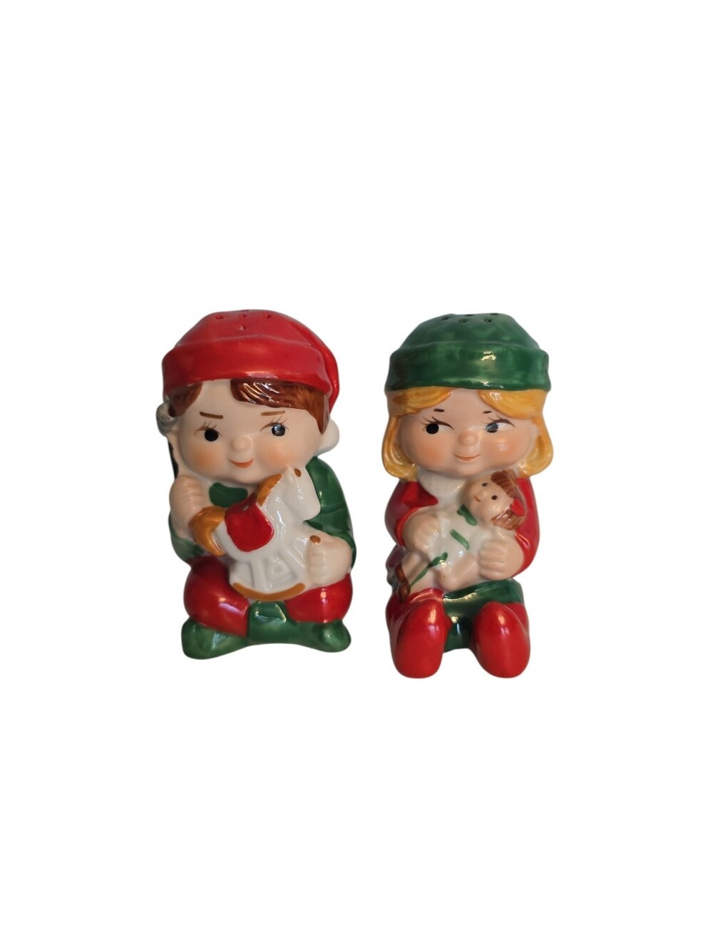 Vintage 1983  Santas Helpers Salt And Pepper Figurines Avon Ceramic With Plugs